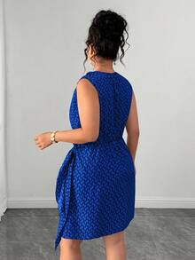 SHEIN Clasi Plus Size Women's Woven Printed Ruched Neck Asymmetrical Tie Elegant Summer Sleeveless Vacation Dress Formal Evening Blue - Blue - View 2