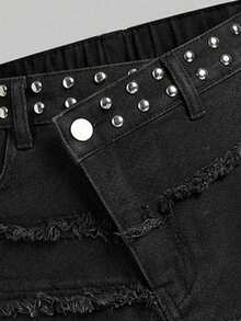 SHEIN MOD 大尺碼女款鉚釘毛邊休閒百搭日常牛仔迷你裙 - 黑色 - 查看 4
