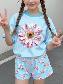 Tween女孩休閒極簡可愛甜美淺藍色風格，海灘度假風短袖短褲兩件套，適合夏季 - 彩色 - 查看 2