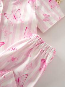Summer Young Girl Knit Fabric Collared Button-Front Short Sleeve Long Pants Pink Butterfly Striped Fresh Pattern Digital Print Hot-Selling Two Pieces Pajama Set Loungewear - Pink - View 5