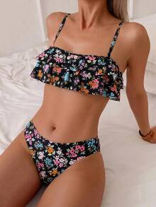 Swim Mod 花卉荷葉邊可愛甜美復古休閒度假海灘海邊女款泳衣套裝 - 彩色 - 查看 5