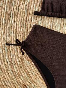 SHEIN Conjunto de 2 piezas de bikini de niña preadolescente con tirantes de espagueti y cuentas de unicolor - Marrón - Ver 4