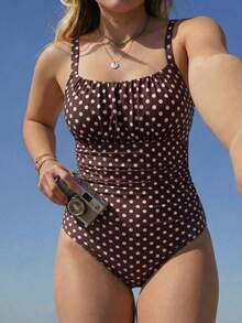Swim Mod Plus Size One Piece Fresh Print Ruched Bust Square Neck Wide Strap Sexy Conservative Women's Swimsuit - Multicolor - View 5