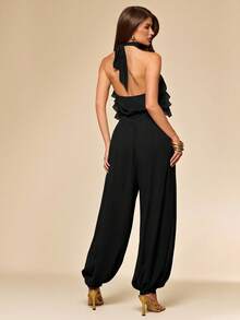 SHEIN BAE Spring/Summer Solid Brown Halter Neck Women's Lantern Pants Jumpsuit, Brown Chiffon Elegant Lantern Pants - Black - View 2
