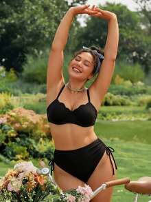 SHEIN Swim Plus Size 2026 Spring/Summer Hot-Selling New Digital Print Push-Up Underwire Shell Hard Cup Swimwear With Detachable Adjustable Shoulder Straps, Easy On/Off High-End Metal Back Clasp, Traditional Sexy High-Waist Triangle Bikini Bottom With Side Tie-Up Adjustable Design, Casual Fashion Vacation Beach Swimwear - Brown - View 4