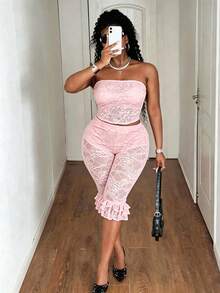 Maweii Sexy Date & Casual Outing Tight Bodycon Lace Patchwork Plus Size Black Tube Top & 3/4 Length Pants 2-Piece Set - Baby Pink - View 7