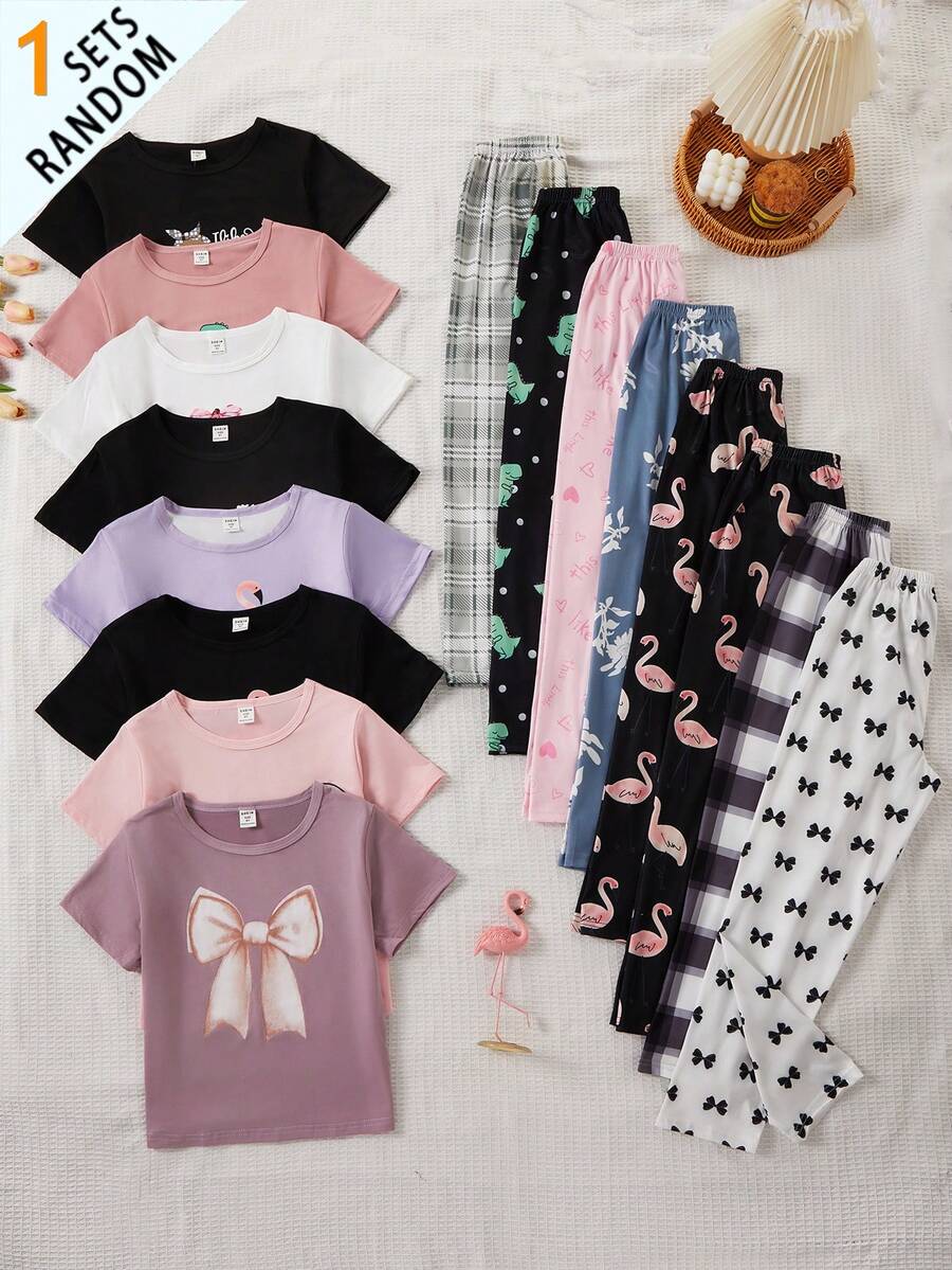 1套隨機3D蝴蝶結印花短袖長褲女童居家服套裝 - 彩色 - 查看 1