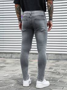 Manfinity LEGND 男士休閒水洗做舊修身牛仔褲 - 灰色 - 查看 2