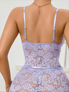 SHEIN Set Lingerie Wanita Seksi dengan Motif Renda dan Patchwork, 2 Potong - Purple - View 2