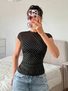 SHEIN EZwear 黑色針織網格拼接修身上衣 - 黑色 - 查看 6