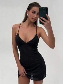 Aloruh 女式性感露背纯色迷你吊带裙 - 黑色 - 查看 5