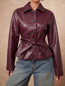 Lumalex Abrigo corto tipo trench elegante y casual para mujer en color rojo burdeos para otoño, con mangas raglán, solapa y cintura ceñida con lazo, ideal para viajes por carretera, citas y vacaciones - Burdeos - Ver 6