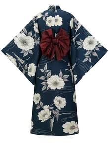 Irokai 日式傳統夏季女款兩件式浴衣和服，花卉印花（不含腰帶） - 藏蓝色 - 查看 2