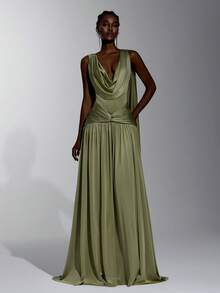 Elitara Elegant Luxurious Beaded Sequin Cowl Neck Back Flutter Sleeve Tassel Elastic Knit Mesh Ruched Bandeau Full Skirt Dress With Strapless Piece For - Army Green - View 5