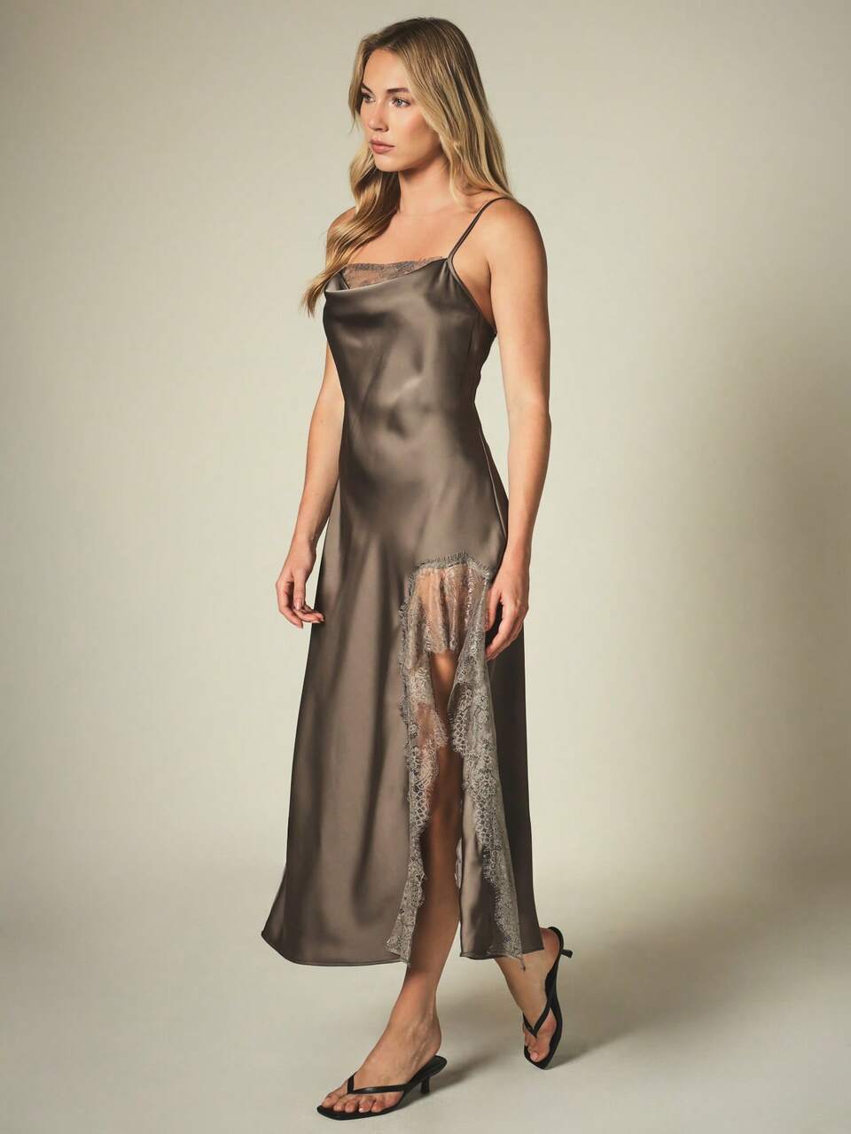 KSTM Satin Slip Dress With Lace Trim And Sheer Hem Panel Cowl Neck Spaghetti Strap Maxi Evening Gown