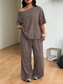 Coolane Brown Striped Knit Women's Plus Size Asymmetrical Shoulder T-Shirt And Pants Set - Mocha Brown - View 5