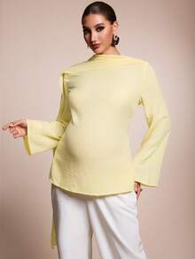 MaterniChic Elegant Solid Color Bell Sleeve Blouse For Pregnant Women Autumn,Yellow Back-Tie Ribbon Top Babyshower - Yellow - View 9