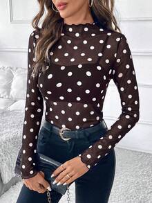 SHEIN Clasi 女款優雅性感豹紋網紗修身上衣 - 棕色 - 查看 5