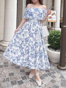 Bijouette Plus Size Women's Floral Print Ruffle Ruffle Adjustable Strap A-Line Dress Suitable For Dates Evening Wedding Blue And White Summer Elegant - Blue and White - View 12