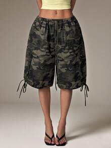 Sinnesro WOMEN Cargo Utility Long Shorts Military Combat Style Drawstring Elastic Waist Summer Spring Casual Pockets Bermuda Length Outdoor Hiking Walking ,Petite Women - Army Green - View 13
