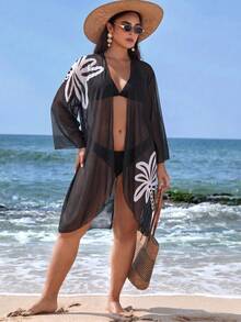 Swim Vcay Women's Plus Size Cardigan With Placement Floral Print, Loose Fit Vacation Beach Vacation Kimono Summer - Black - View 3