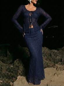 Opulessa Rok Mermaid Warna Polos untuk Liburan Pengiring Pengantin Wanita, Pesta Musim Gugur, Makan Malam Wanita - Navy Blue - View 3