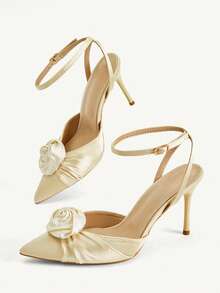 CUCCOO CHICEST Women's Shoes Champagne Pointed Toe 3D Floral Detail Ankle Strap High Heels Elegant Date Wedding Dinner Party - Champagne - View 6