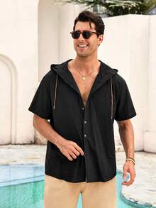 Mercer Haus Men's White Short Sleeve Hooded Button-Up Shirt, Breathable Fabric, Fashionable Layering Piece, Suitable For Casual And Daily Wear In Summer - Black - View 4