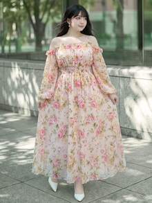 Bijouette 大尺碼甜美花卉印花梭織長袖度假洋裝 - 彩色 - 查看 12