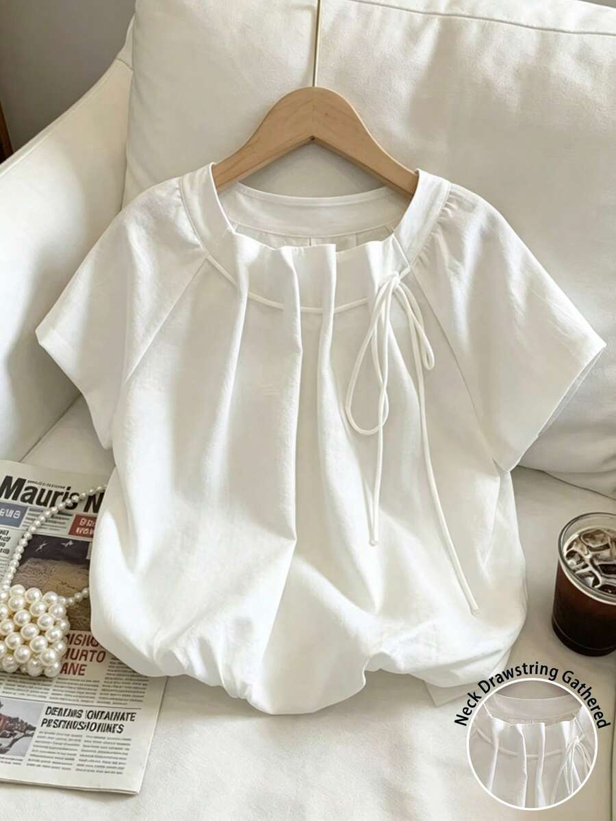 Resyla New Women's Casual Loose Slimming Ruched Bud Short Sleeve Blouse - White - View 1