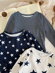 LMoss Kids Baby Boy Knitted Striped Star Pattern Crew Neck T-Shirt And Long Winter Pants 6pcs -Piece Set - Blue and White - View 6