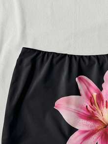 SHEIN Tween女孩白色花卉印花休閒裙，附內建內搭褲 - 黑色 - 查看 5
