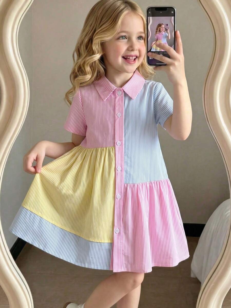 SHEIN Elladie kids 小女童撞色條紋印花襯衫連衣裙 - 彩色 - 查看 1