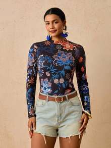 Travachic Autumn New Plus Size Women's Fitted Printed Top, Suitable For Vacation/Casual Wear In Various Relaxing Occasions Fall - Multicolor - View 8