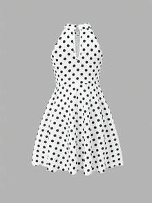 SHEIN 女童白色黑波點掛脖洋裝 半高領掛脖設計 波浪邊露肩 經典波點印花 收腰大裙擺 復古甜酷風 童裝 春秋日常穿著 生日穿搭 小眾設計女童洋裝 - 黑與白 - 查看 2