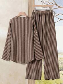 Rusticease Women's Minimalist Button Striped Colorblock Shirt And Loose Long Pants 2 Pieces Set - Brown - View 2