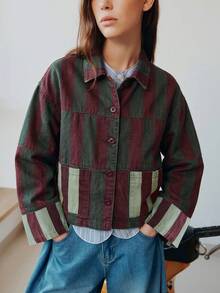 Nöista Women's Striped Cropped Jacket In Warm Pink And Rust Tones With Contrast Patch Pockets - Multicolor - View 6