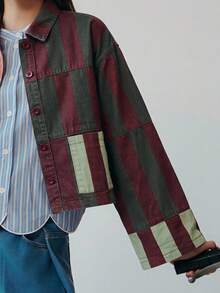 Nöista Women's Striped Cropped Jacket In Warm Pink And Rust Tones With Contrast Patch Pockets - Multicolor - View 8