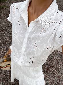DAZY Solid Color Jacquard Fabric Short Sleeve Shirt And Umbrella Skirt Elegant Vacation Summer Women's Set School - White - View 3