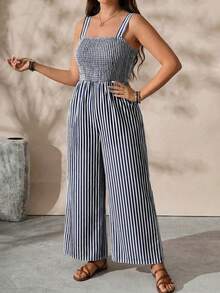 EMERY ROSE Mono de tirantes finos con diseño fruncido casual para vacaciones para mujer talla grande - Azul Marino - Ver 4