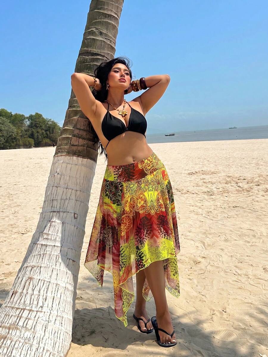 Sunnyshic 大尺碼春夏復古不對稱下擺網紗裙 - 彩色 - 查看 1