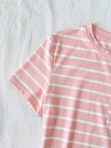 SHEIN Tween女孩條紋拼接配色休閒百搭日常T恤 - 粉色 - 查看 6
