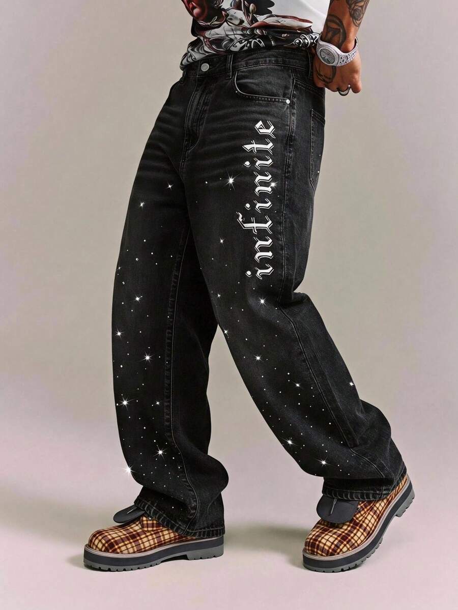 CRAVYNX Men's Rhinestone Print Wide Leg Jeans - Black - View 1