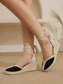 Styleloop Sandalias de cuña con correa y punta cerrada en contraste de color blanco y negro, estilo casual versátil y sencillo, un imprescindible para ir al trabajo - Negro - Ver 7