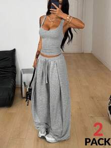 Coolane Women's Plus Size Summer Fall Streetwear Casual Going Out Gym Sport Basic Stretchy Comfortable Notched Tank Tops And Baggy Elastic Waistband - Light Grey - View 3