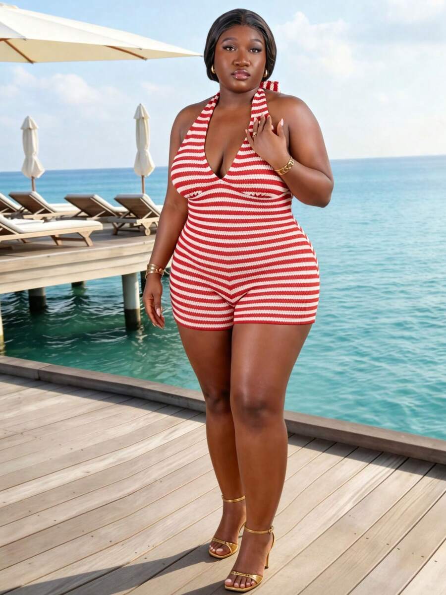 CurvyTilda 大尺碼女款度假風紅白條紋針織紋理深V領前綁帶連身褲 夏季 - 紅色 - 查看 1