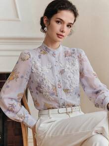 Anewsta Summer Elegant Court Style Heavy Pearl Decor Beaded Small Stand Collar Plain Floral Polka Dot Print Slightly Sheer White Long Sleeve Women Blouse - Mauve Purple - View 6