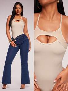 Radiana Damen-Jumpsuit in Aprikose mit Spaghettiträgern und Mesh-Patchwork - Aprikosenfarben - Übersicht 4