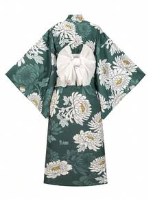 Irokai 花卉圖案和服袖浴袍與細肩帶洋裝浴衣 - 綠色 - 查看 2