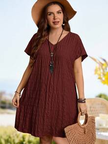 Rosumi Plus Size Summer Casual Solid Color Textured Dress - Redwood - View 8